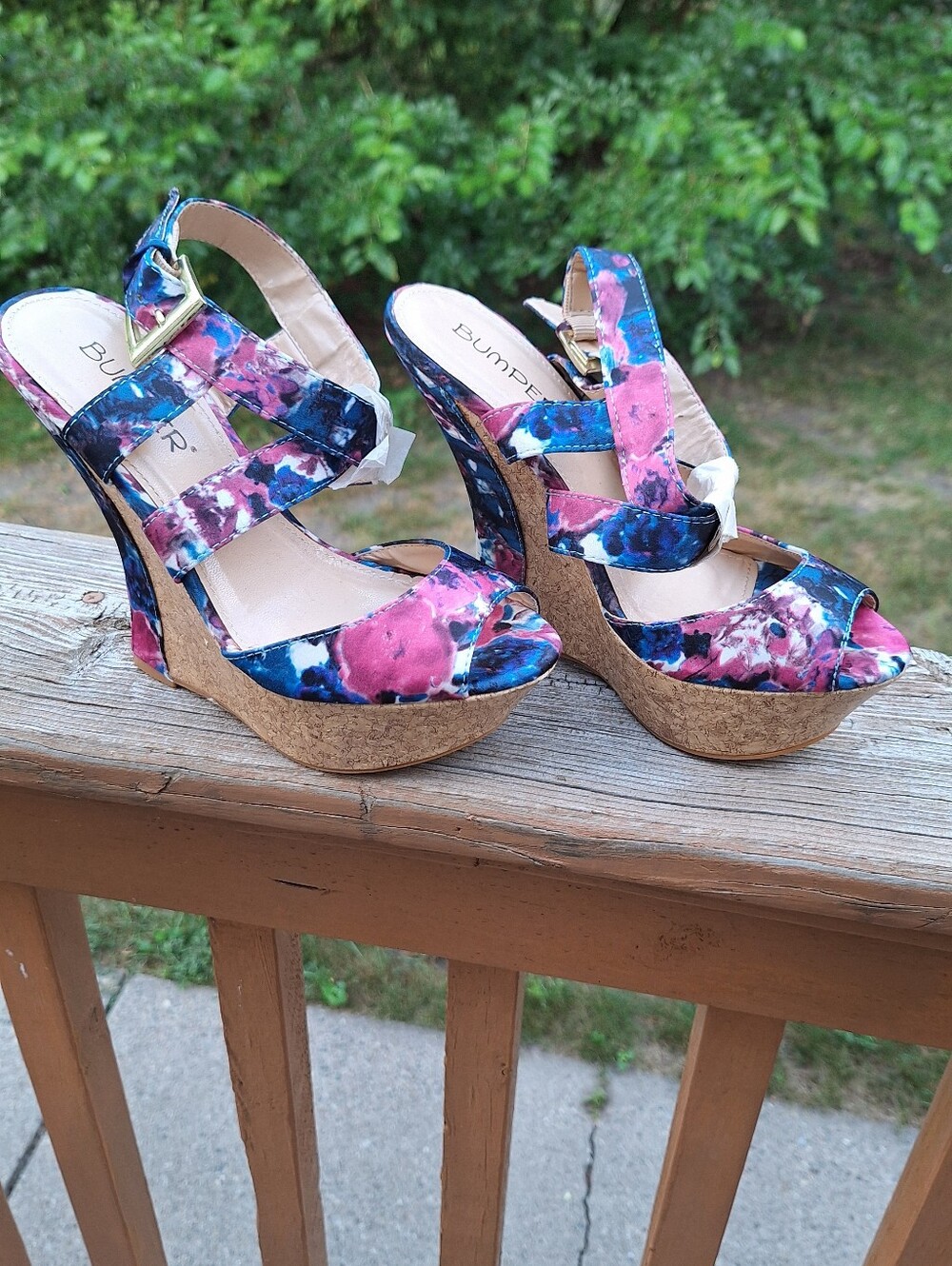 Bumper Pink & Blue Floral Cork Wedge Sandals